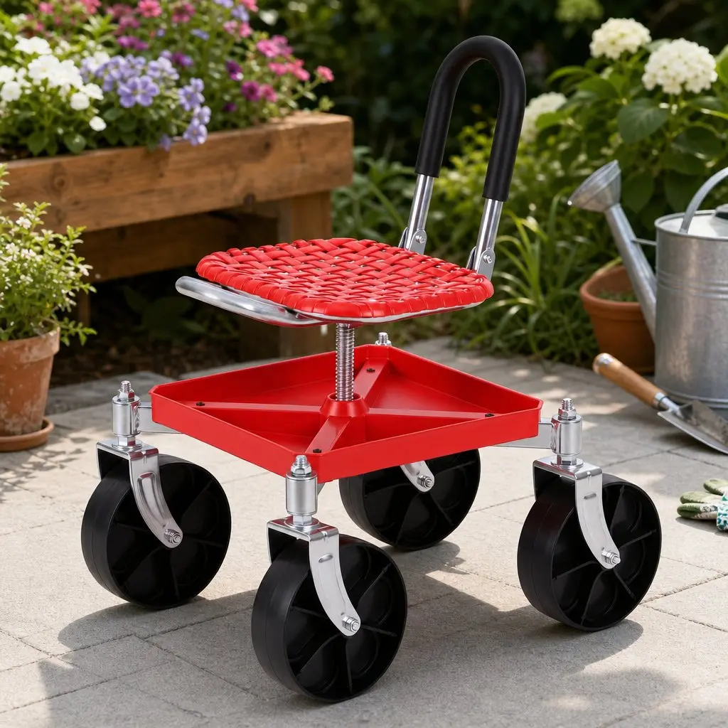 Garden Stool Red Height Adjustable 360 Swivel Heavy Duty with Foldable Backrest and Under-Seat Storage