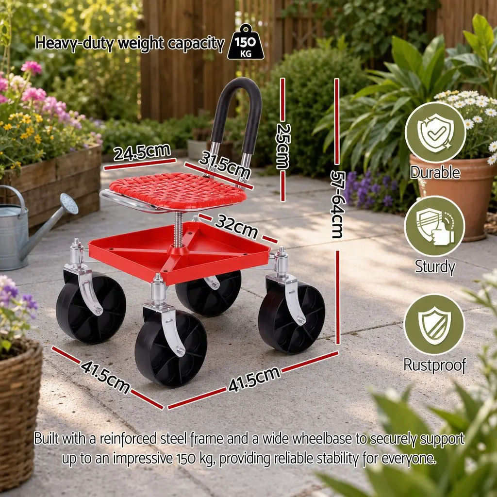 Garden Stool Red Height Adjustable 360 Swivel Heavy Duty with Foldable Backrest and Under-Seat Storage