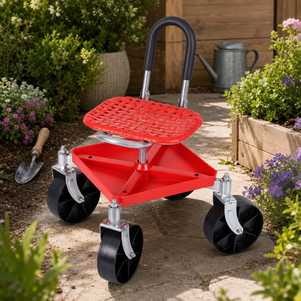 Garden Stool Red Height Adjustable 360 Swivel Heavy Duty with Foldable Backrest and Under-Seat Storage