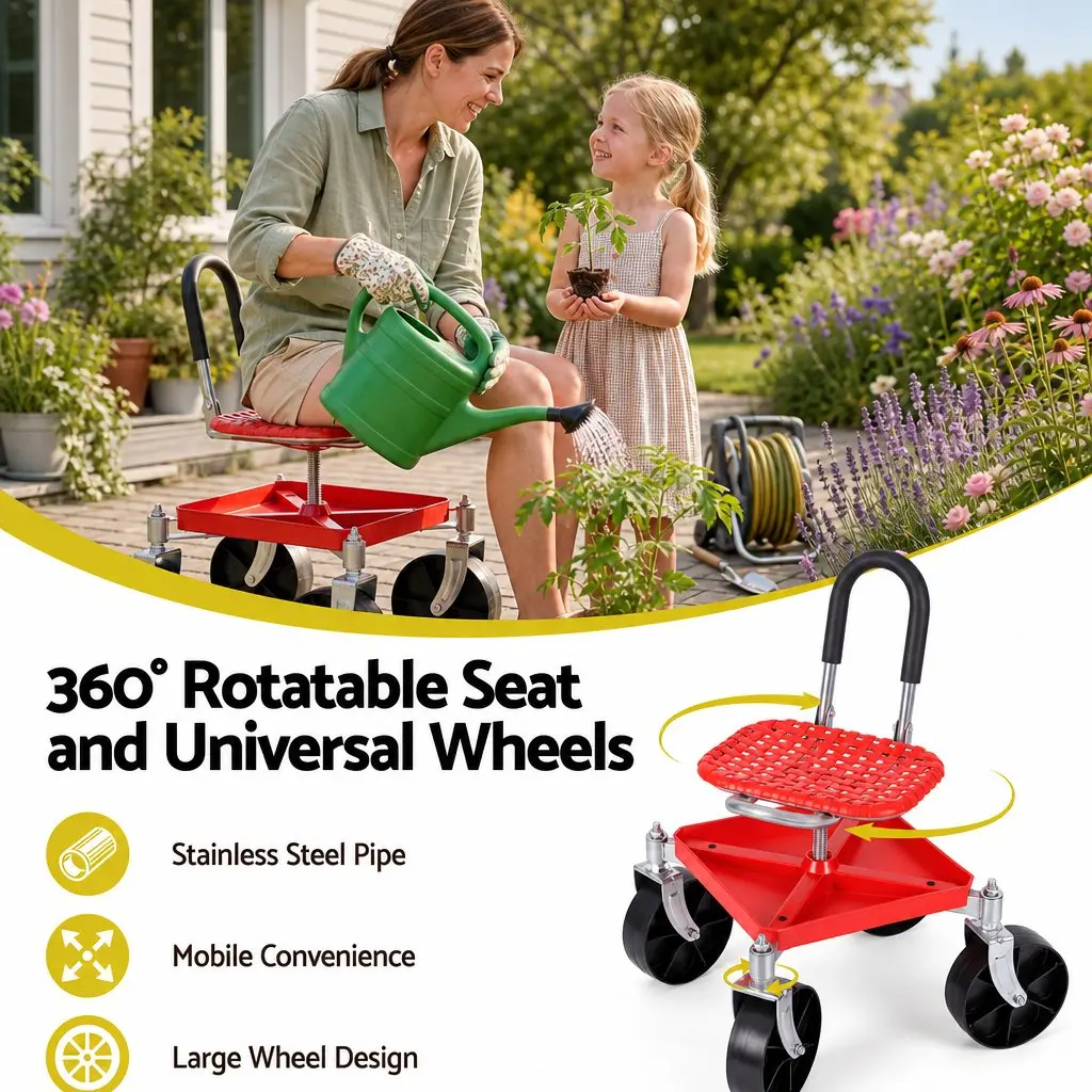Garden Stool Red Height Adjustable 360 Swivel Heavy Duty with Foldable Backrest and Under-Seat Storage