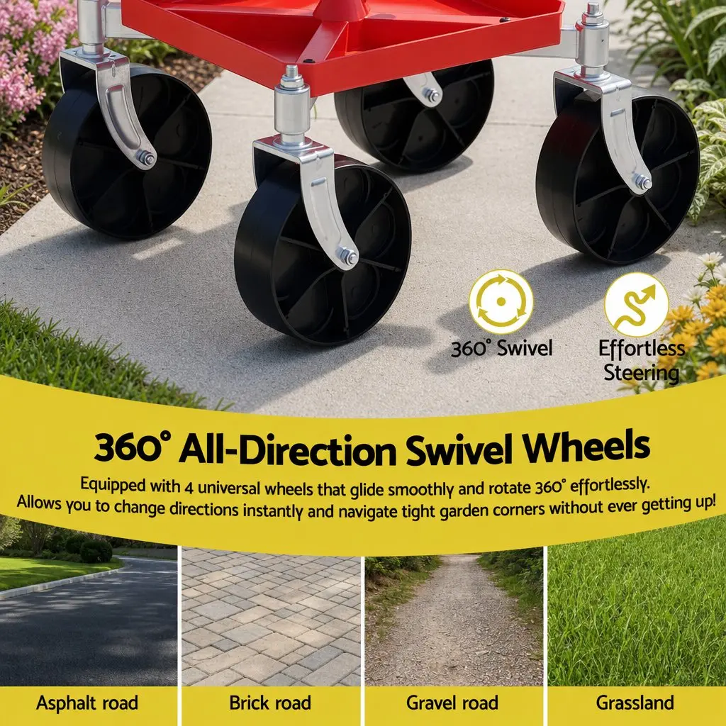 Garden Stool Red Height Adjustable 360 Swivel Heavy Duty with Foldable Backrest and Under-Seat Storage