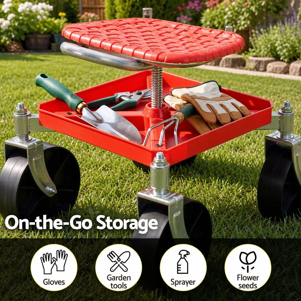 Garden Stool Red Height Adjustable 360 Swivel Heavy Duty with Foldable Backrest and Under-Seat Storage