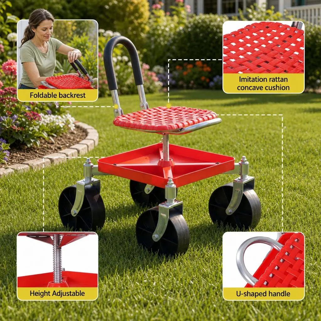 Garden Stool Red Height Adjustable 360 Swivel Heavy Duty with Foldable Backrest and Under-Seat Storage