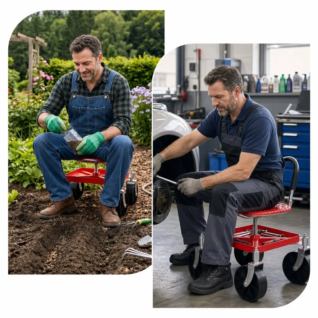 Garden Stool Red Height Adjustable 360 Swivel Heavy Duty with Foldable Backrest and Under-Seat Storage