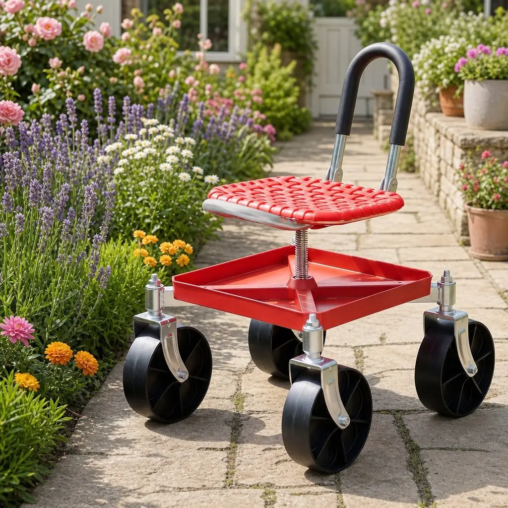 Garden Stool Red Height Adjustable 360 Swivel Heavy Duty with Foldable Backrest and Under-Seat Storage