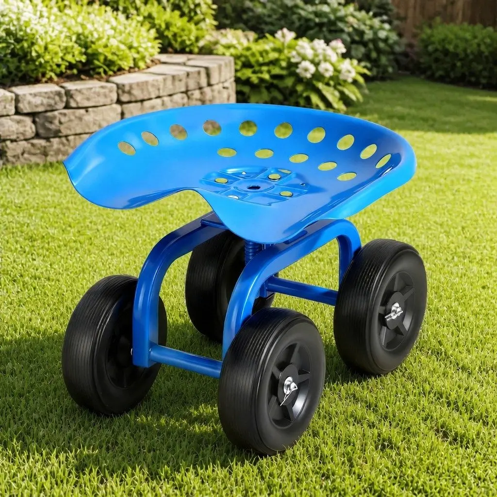 Garden Rolling Seat Blue Adjustable Height 360 Swivel Heavy Duty Construction