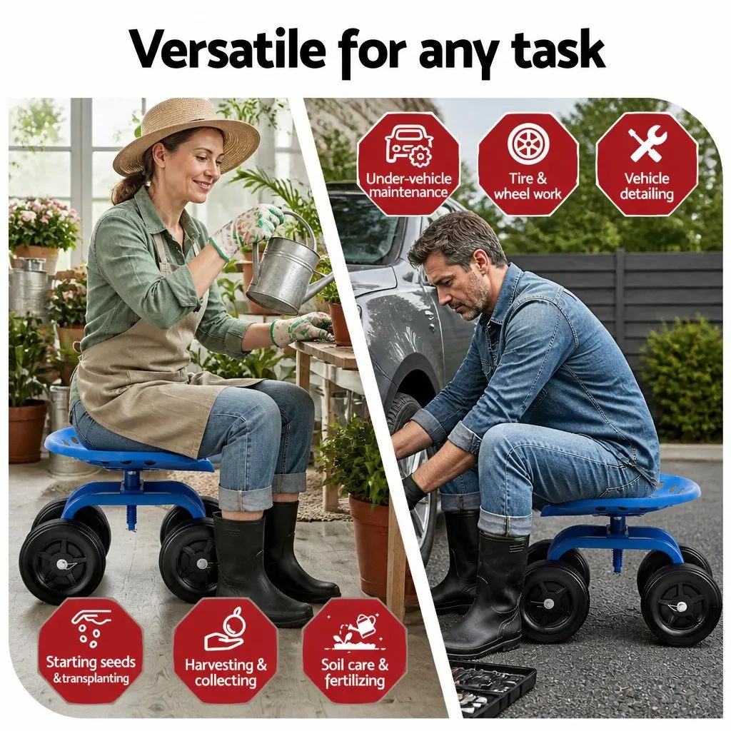 Garden Rolling Seat Blue Adjustable Height 360 Swivel Heavy Duty Construction