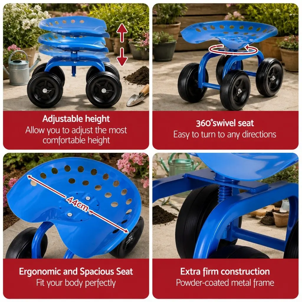 Garden Rolling Seat Blue Adjustable Height 360 Swivel Heavy Duty Construction