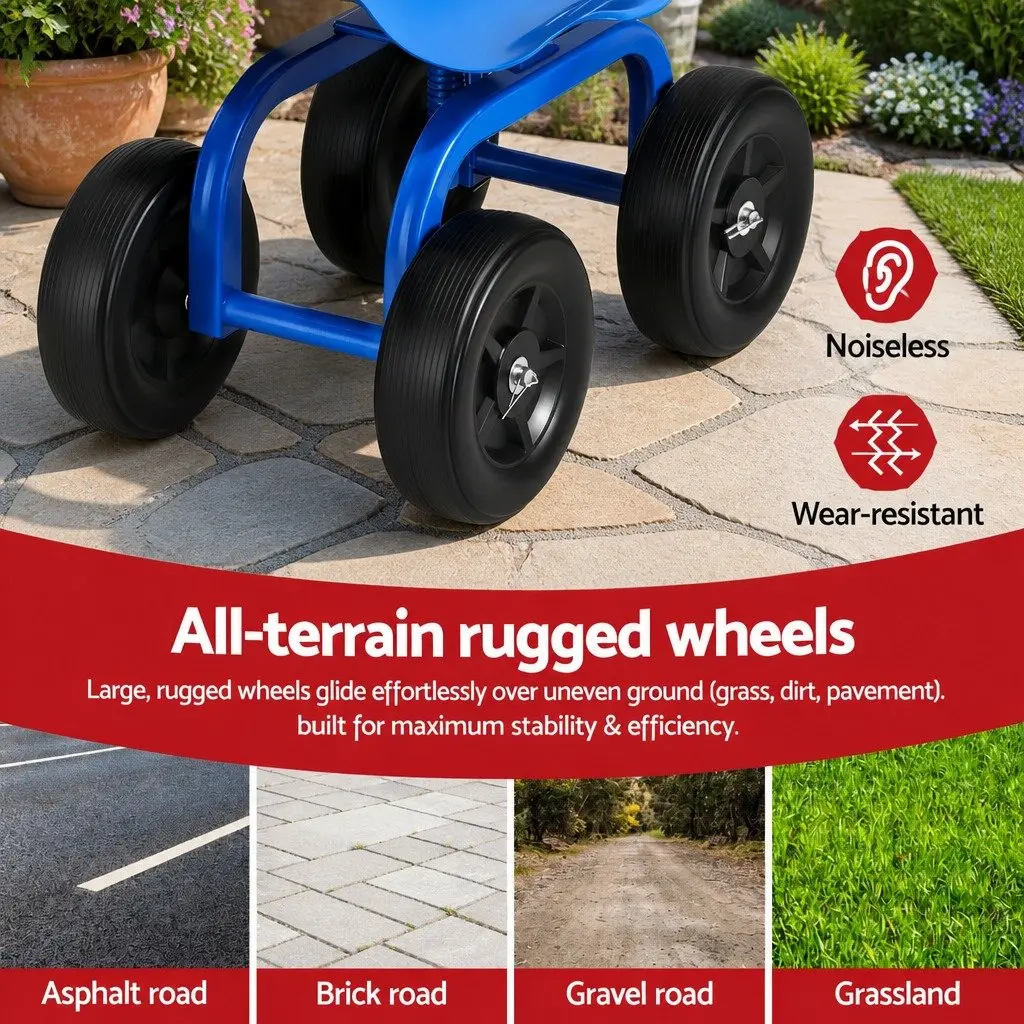 Garden Rolling Seat Blue Adjustable Height 360 Swivel Heavy Duty Construction