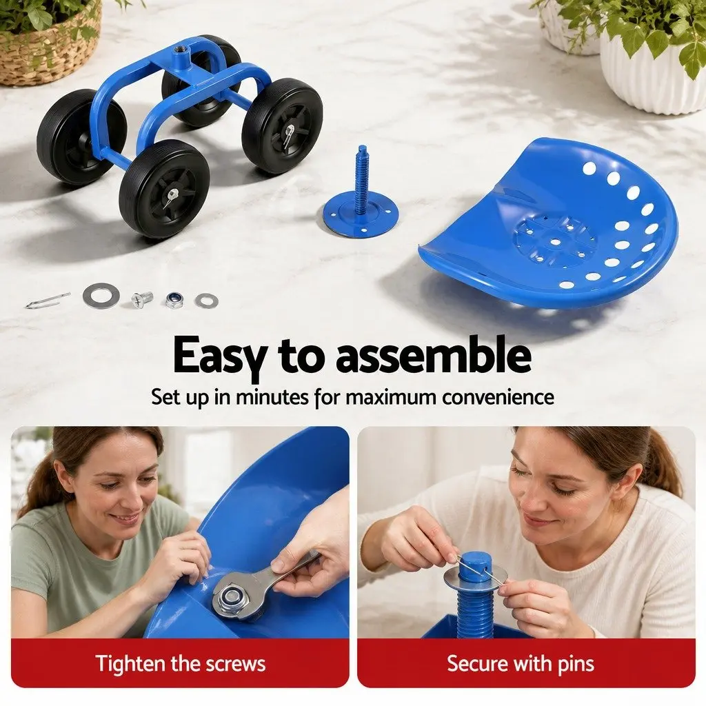 Garden Rolling Seat Blue Adjustable Height 360 Swivel Heavy Duty Construction
