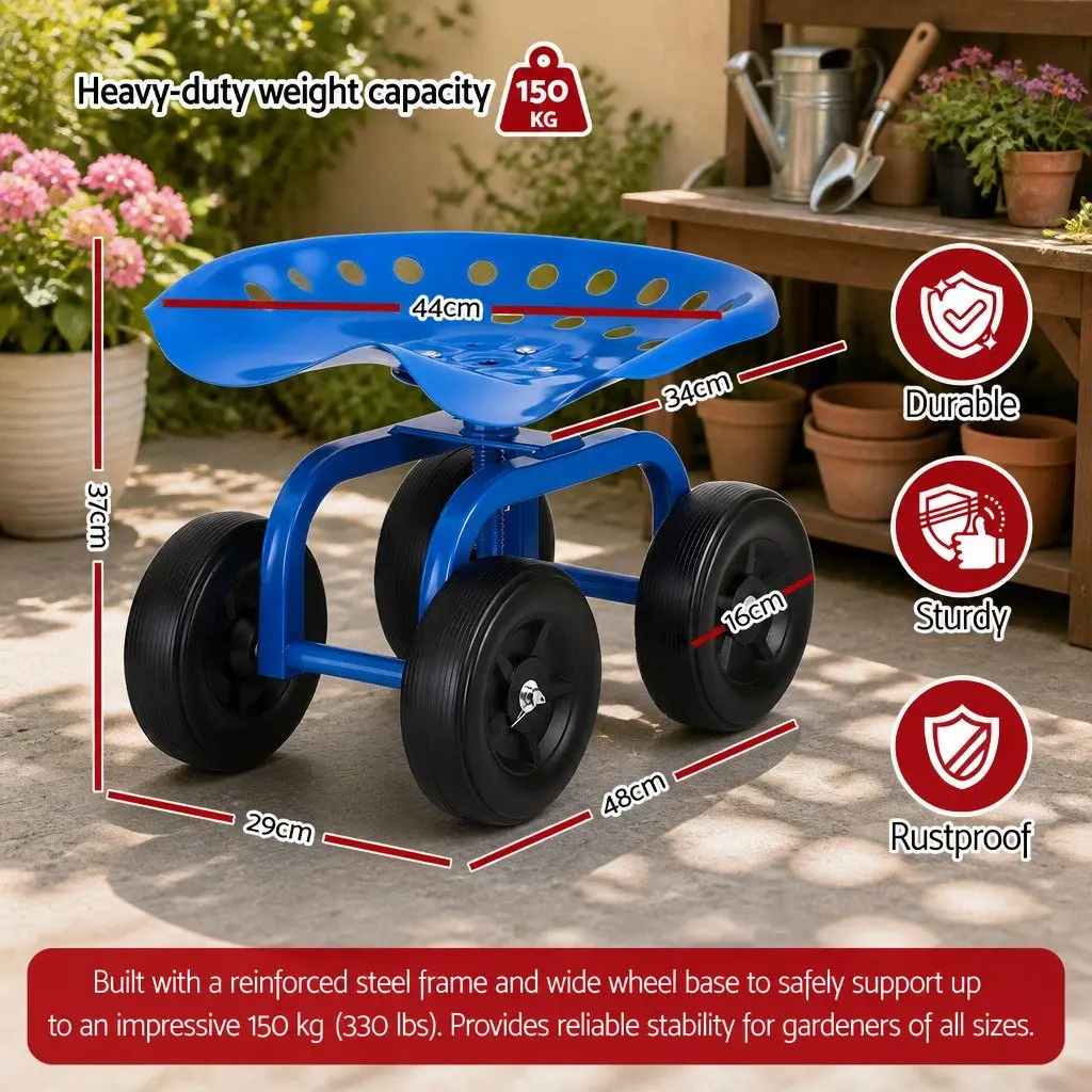 Garden Rolling Seat Blue Adjustable Height 360 Swivel Heavy Duty Construction