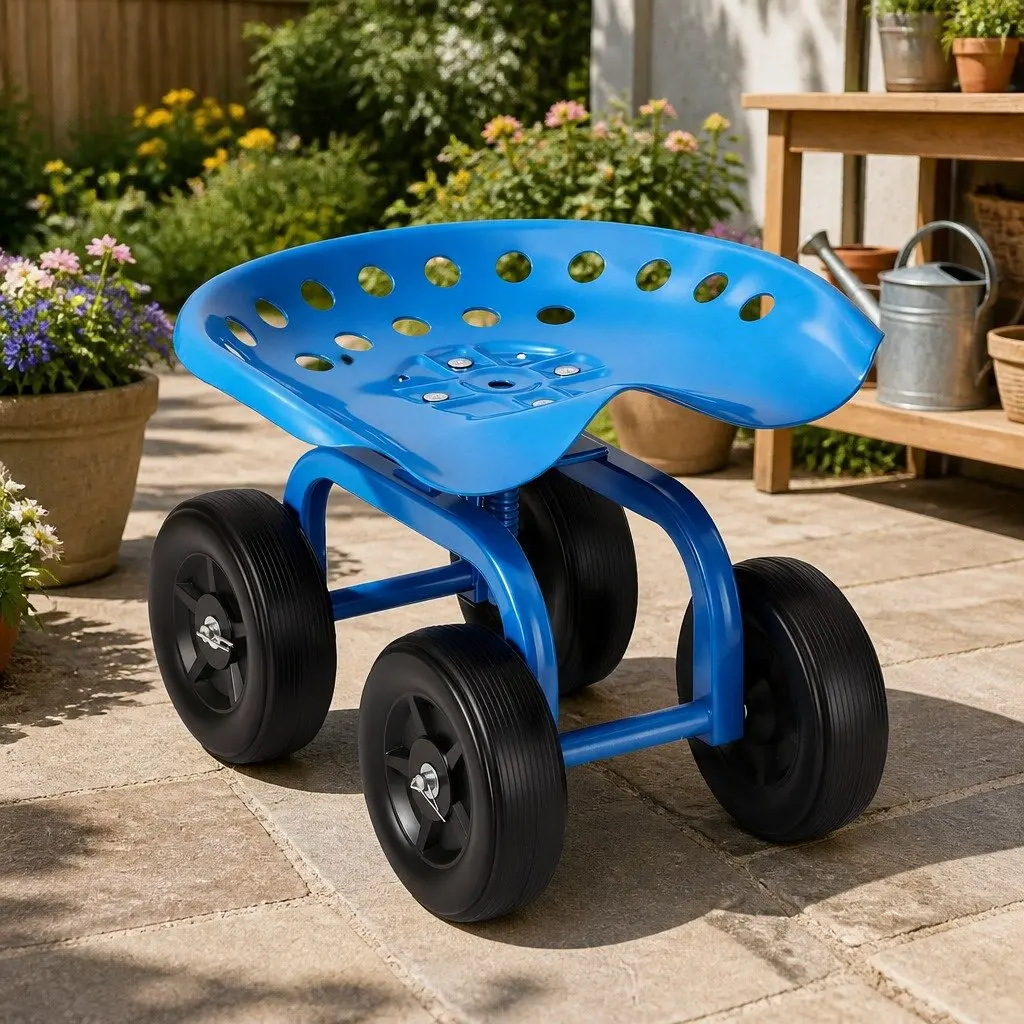 Garden Rolling Seat Blue Adjustable Height 360 Swivel Heavy Duty Construction