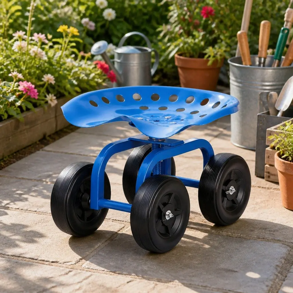 Garden Rolling Seat Blue Adjustable Height 360 Swivel Heavy Duty Construction