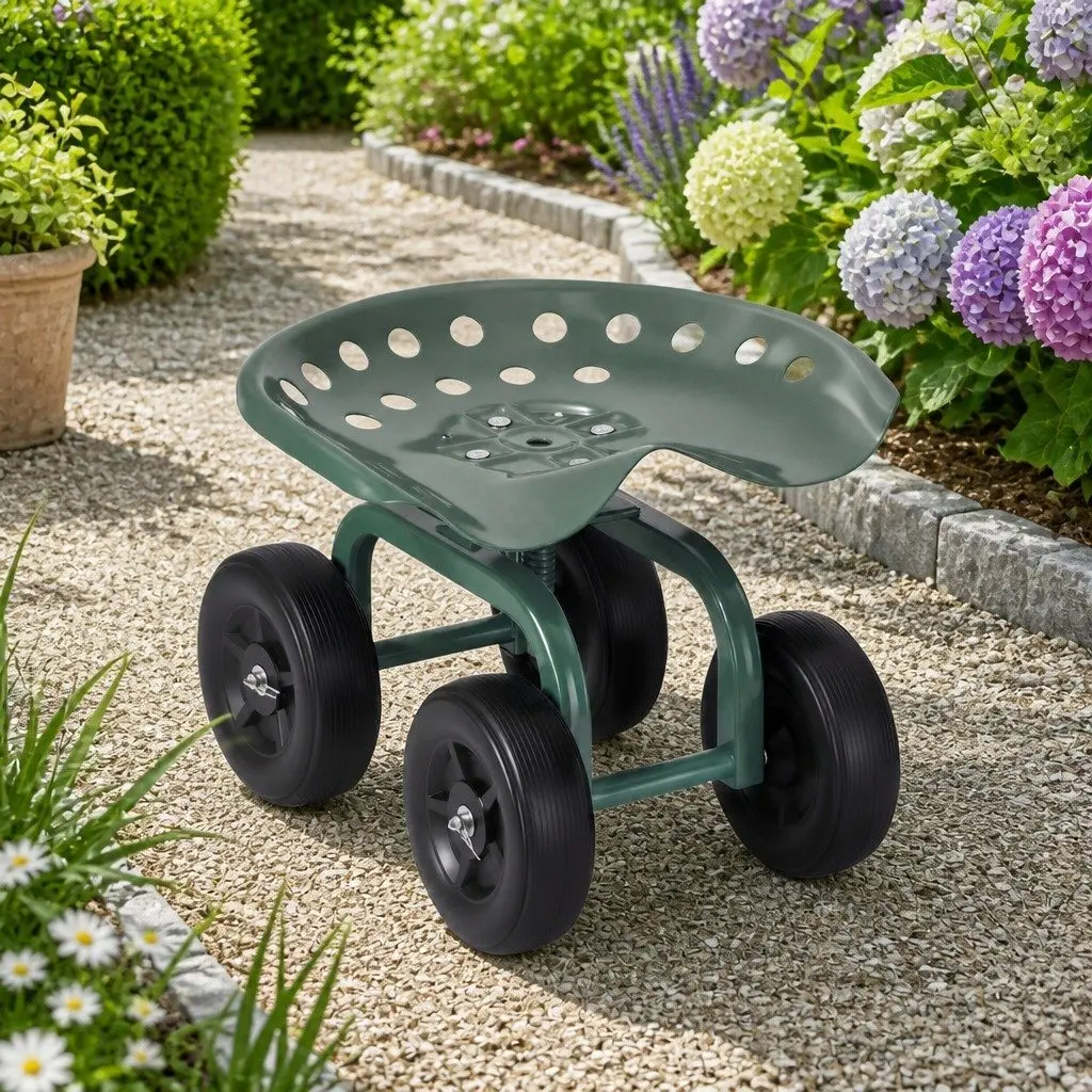 Rolling Garden Seat Green Adjustable Height 360-Degree Swivel All-Terrain Wheels