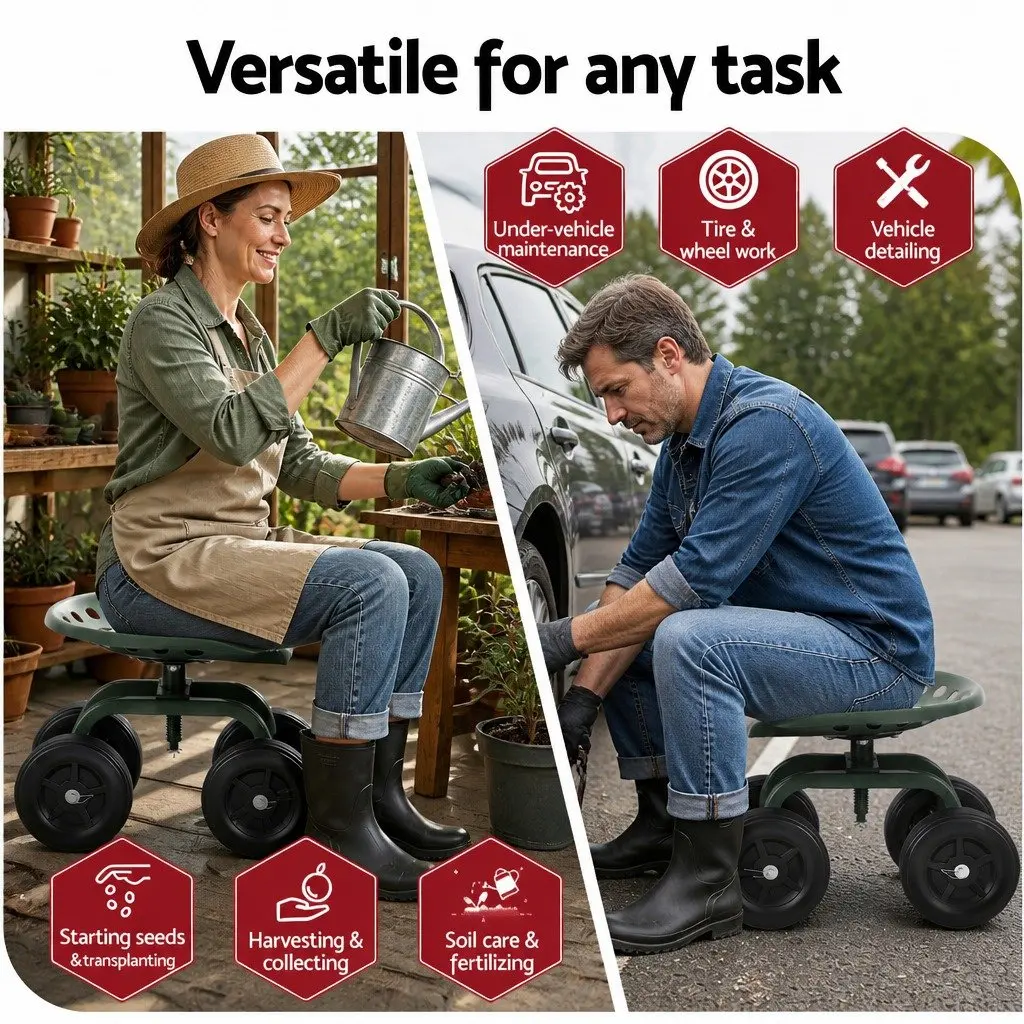 Rolling Garden Seat Green Adjustable Height 360-Degree Swivel All-Terrain Wheels