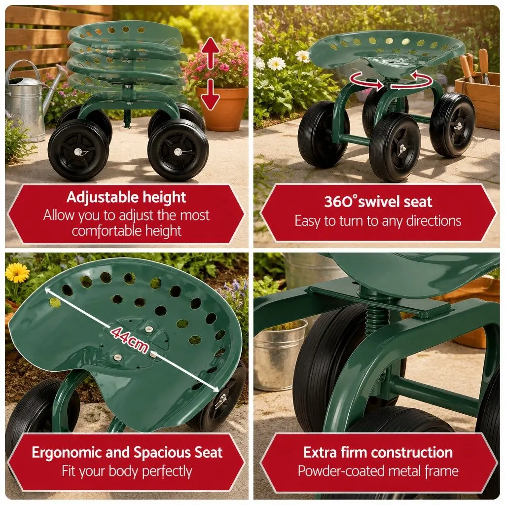 Rolling Garden Seat Green Adjustable Height 360-Degree Swivel All-Terrain Wheels