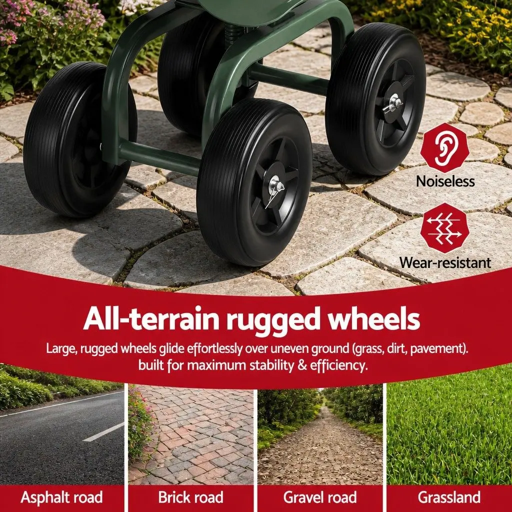 Rolling Garden Seat Green Adjustable Height 360-Degree Swivel All-Terrain Wheels