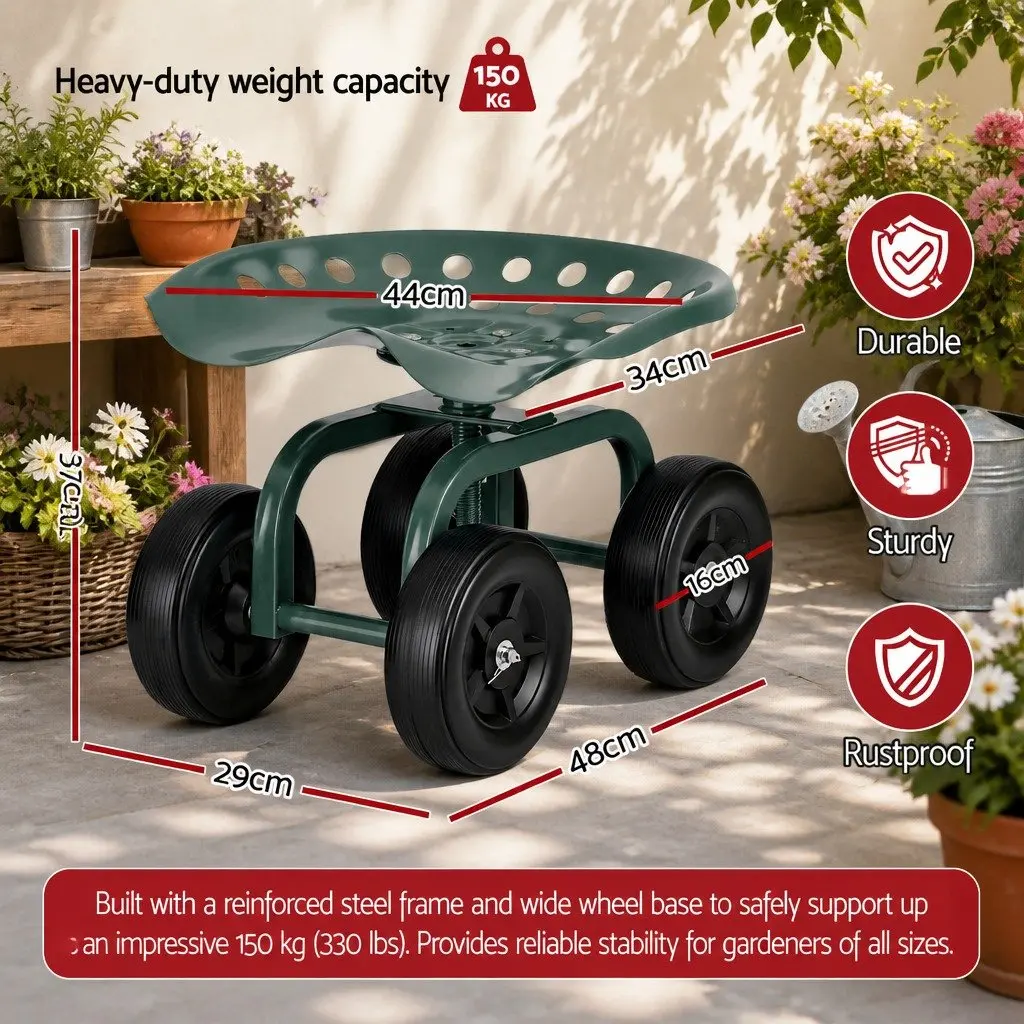 Rolling Garden Seat Green Adjustable Height 360-Degree Swivel All-Terrain Wheels