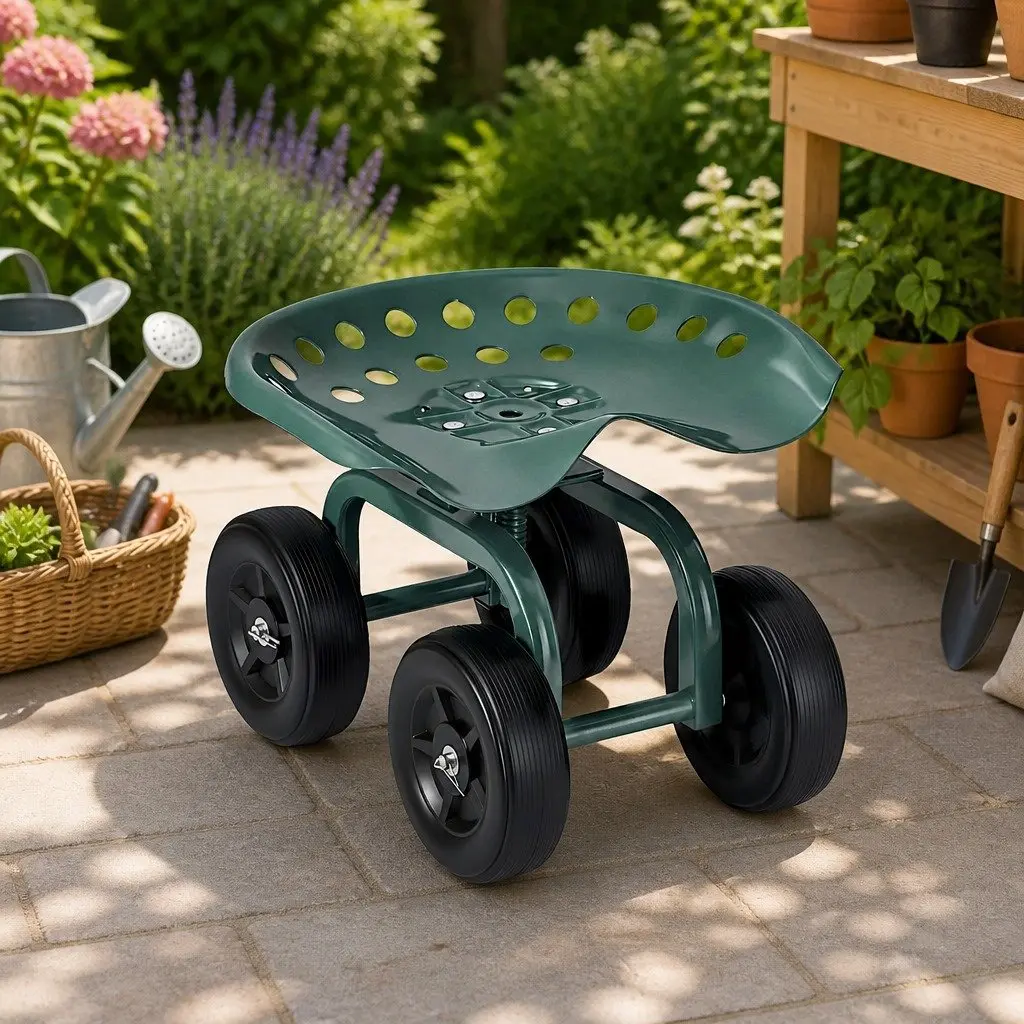 Rolling Garden Seat Green Adjustable Height 360-Degree Swivel All-Terrain Wheels