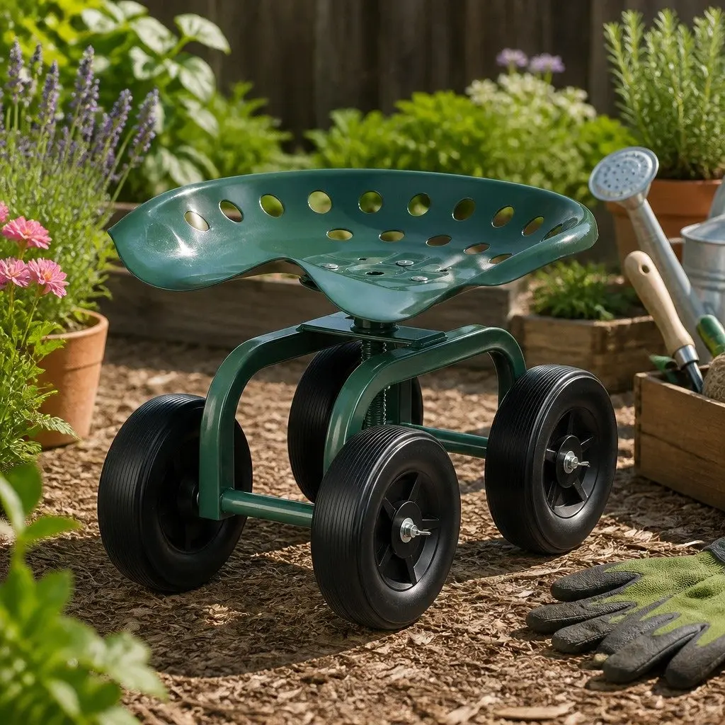 Rolling Garden Seat Green Adjustable Height 360-Degree Swivel All-Terrain Wheels