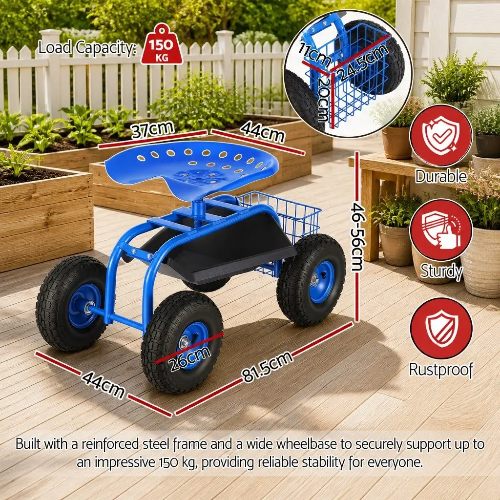 Garden Rolling Stool Blue Adjustable Height 360 Swivel Seat with Wheels