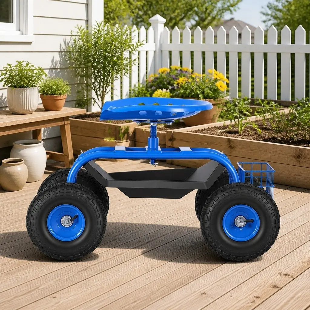 Garden Rolling Stool Blue Adjustable Height 360 Swivel Seat with Wheels