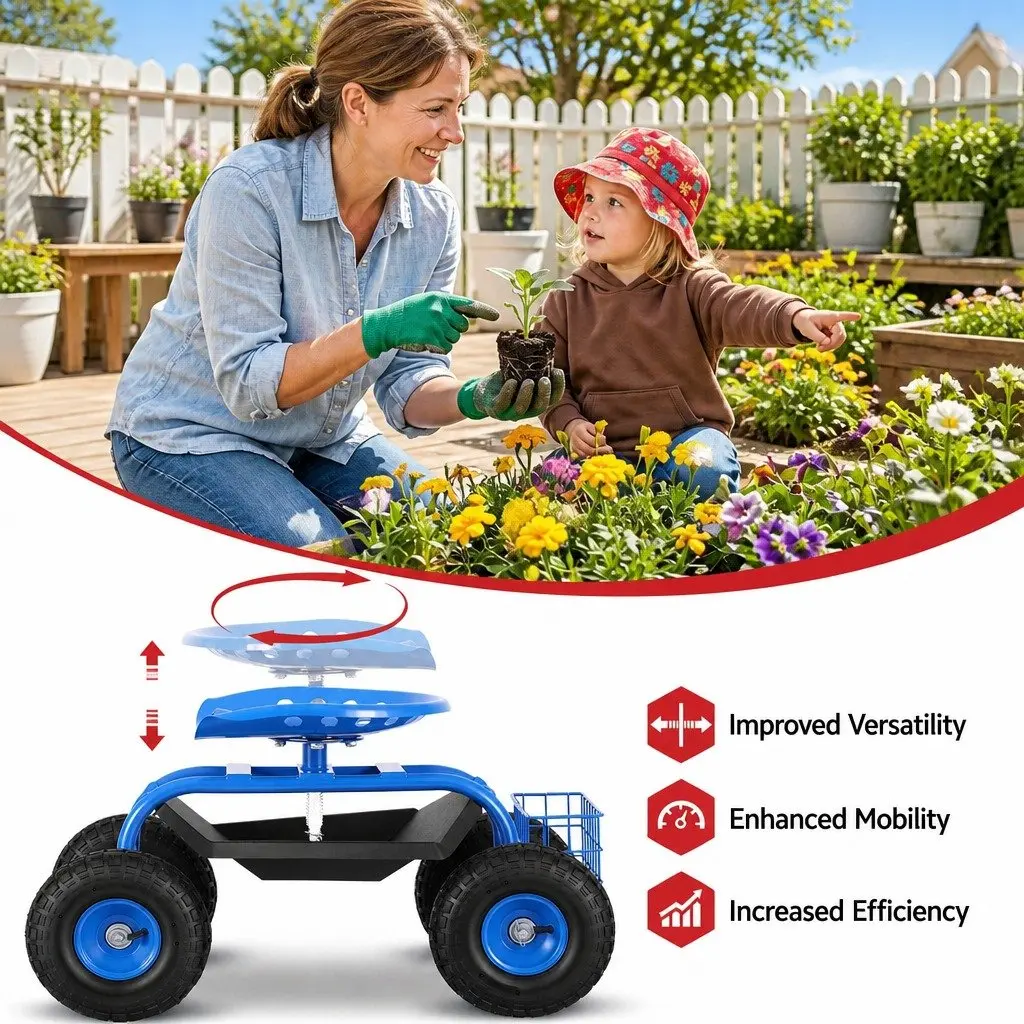 Garden Rolling Stool Blue Adjustable Height 360 Swivel Seat with Wheels