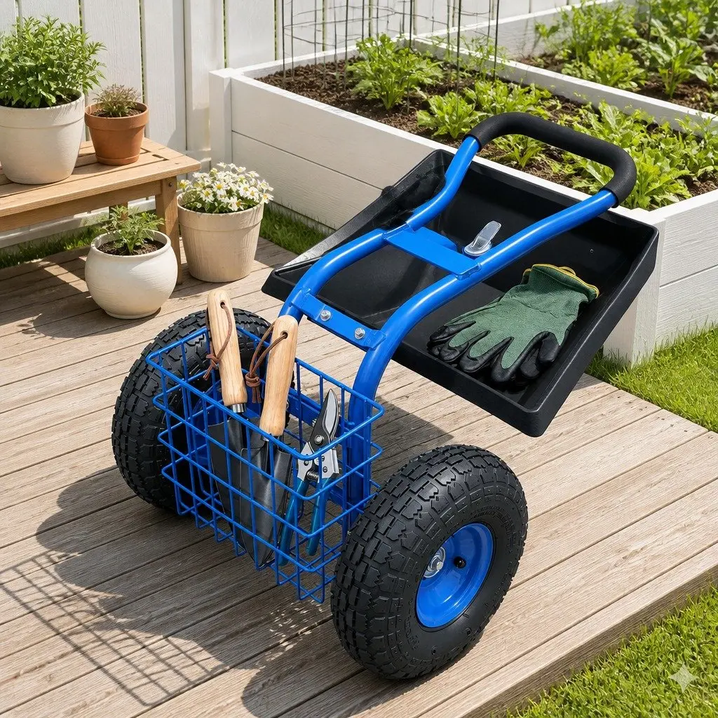 Garden Rolling Stool Blue Adjustable Height 360 Swivel Seat with Wheels