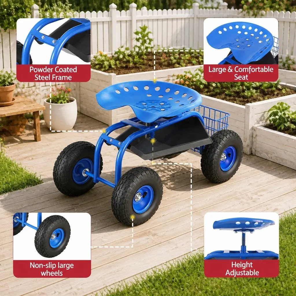 Garden Rolling Stool Blue Adjustable Height 360 Swivel Seat with Wheels