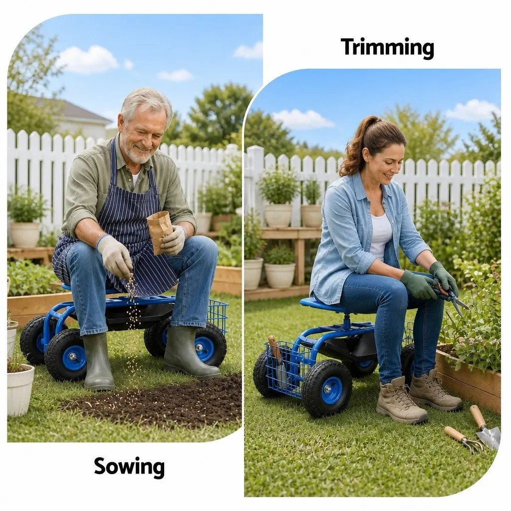 Garden Rolling Stool Blue Adjustable Height 360 Swivel Seat with Wheels