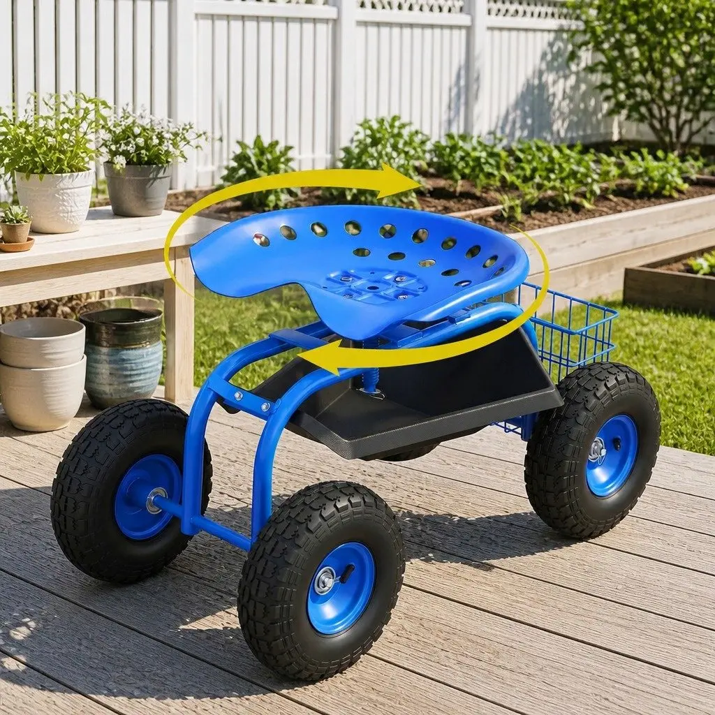 Garden Rolling Stool Blue Adjustable Height 360 Swivel Seat with Wheels