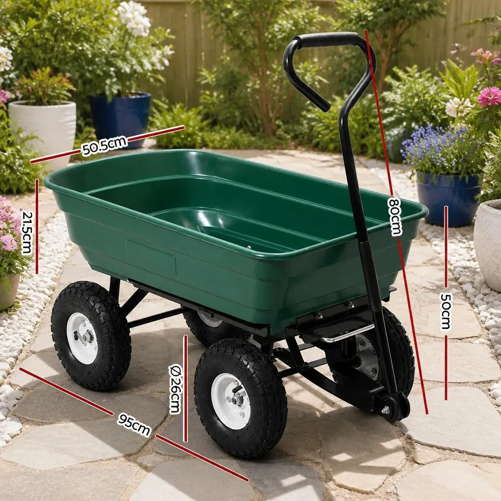 Garden Dump Cart Green 75L 270kg Capacity Spring-loaded Tipping Function