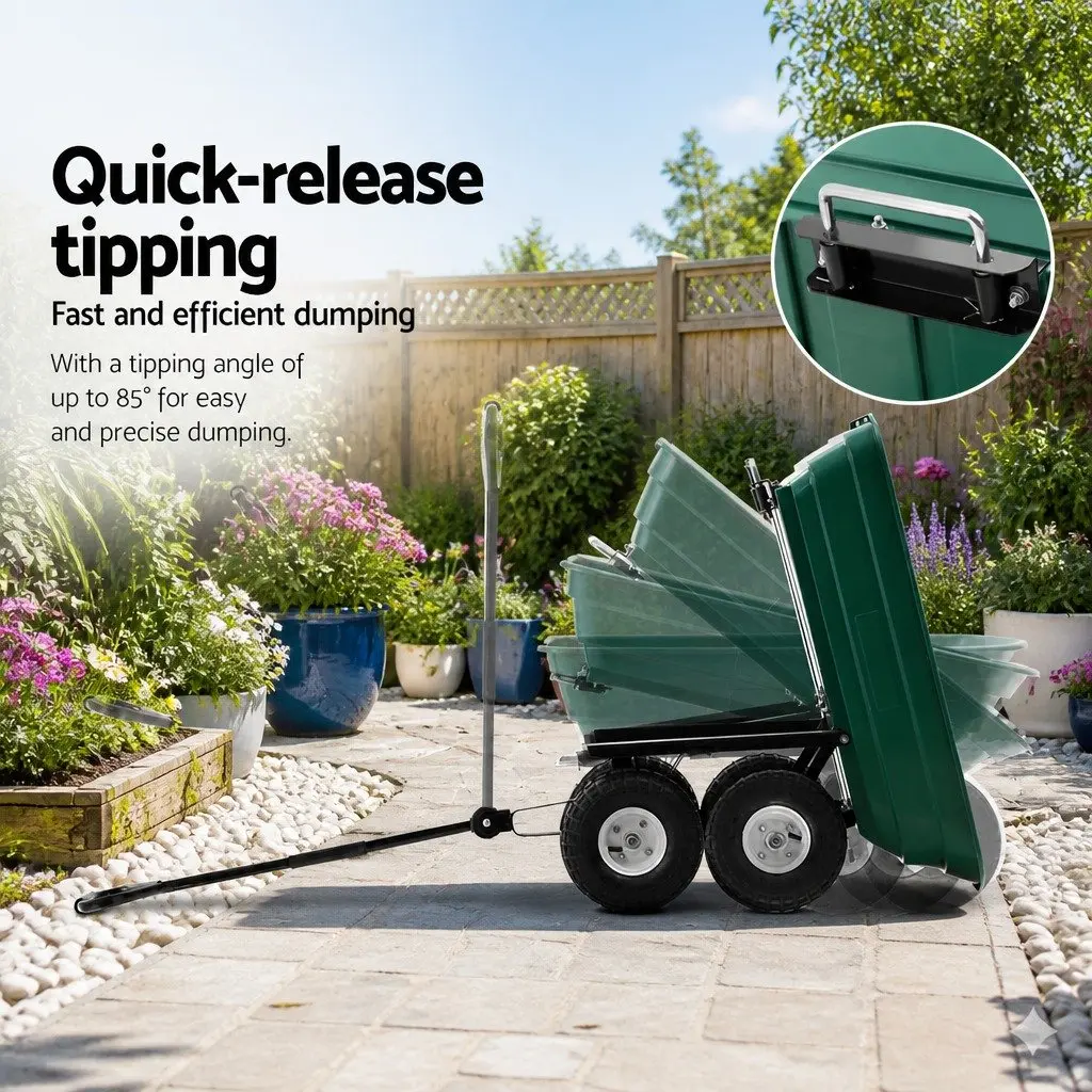 Garden Dump Cart Green 75L 270kg Capacity Spring-loaded Tipping Function