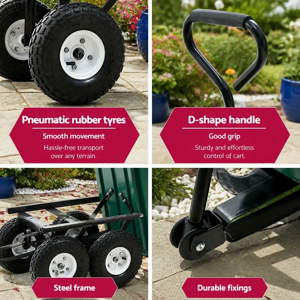 Garden Dump Cart Green 75L 270kg Capacity Spring-loaded Tipping Function