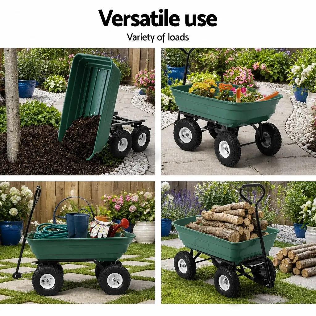 Garden Dump Cart Green 75L 270kg Capacity Spring-loaded Tipping Function