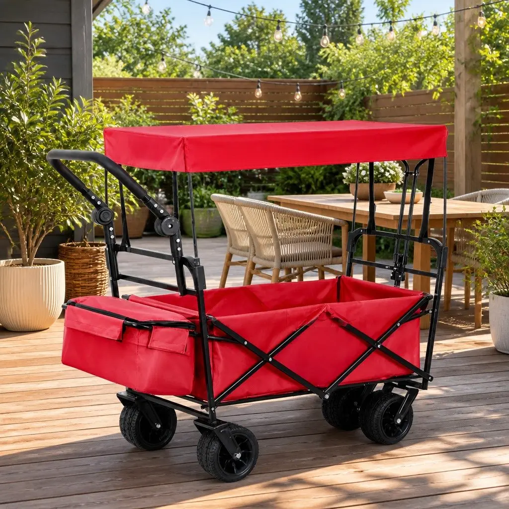 Garden Trolley Cart Removable Canopy Outdoor Shopping Heavy Duty Wheels Red