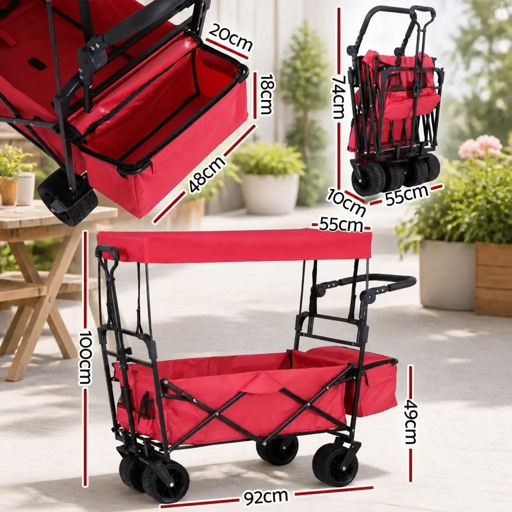 Garden Trolley Cart Removable Canopy Outdoor Shopping Heavy Duty Wheels Red
