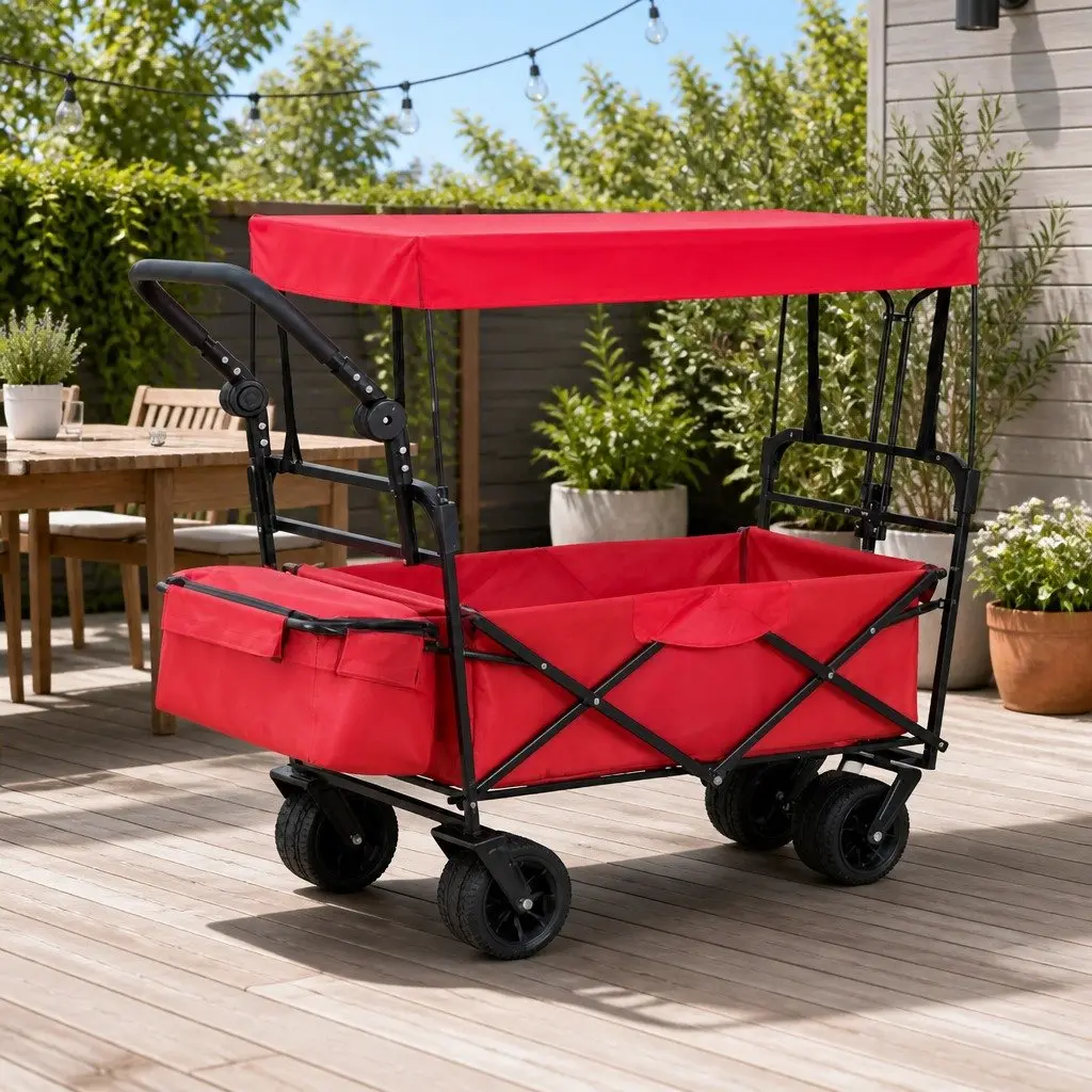 Garden Trolley Cart Removable Canopy Outdoor Shopping Heavy Duty Wheels Red