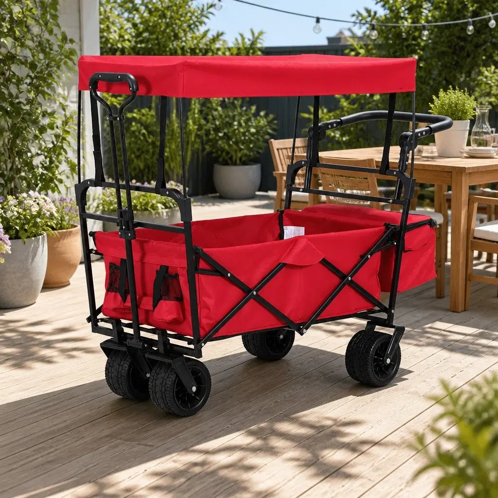 Garden Trolley Cart Removable Canopy Outdoor Shopping Heavy Duty Wheels Red