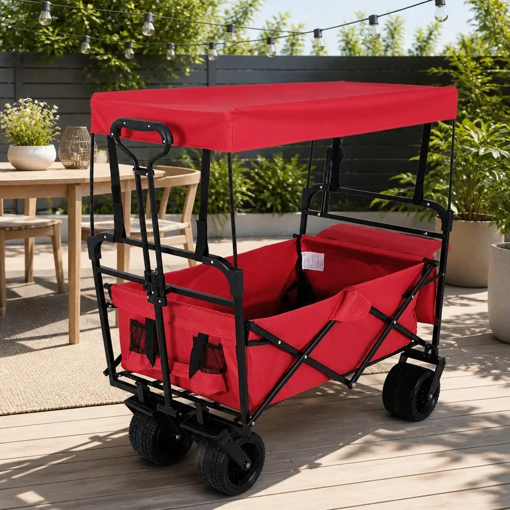 Garden Trolley Cart Removable Canopy Outdoor Shopping Heavy Duty Wheels Red