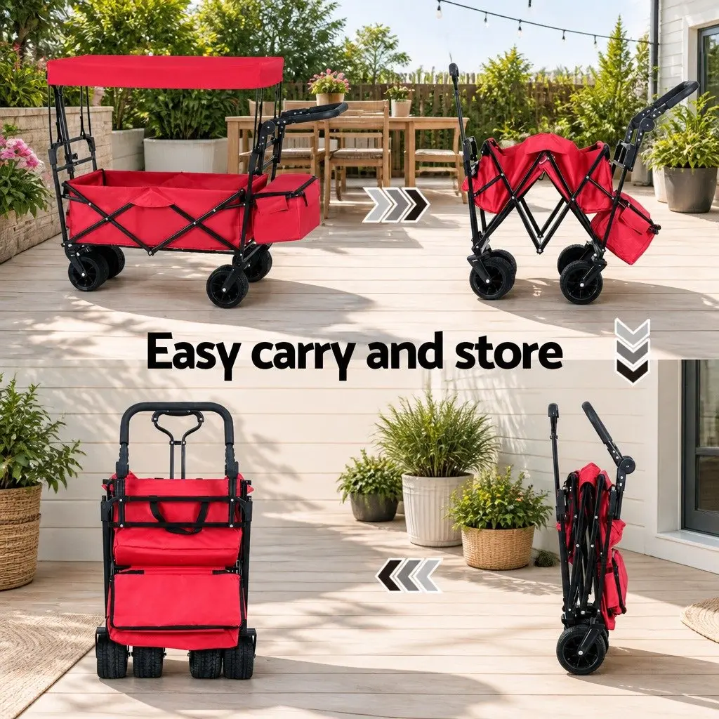 Garden Trolley Cart Removable Canopy Outdoor Shopping Heavy Duty Wheels Red