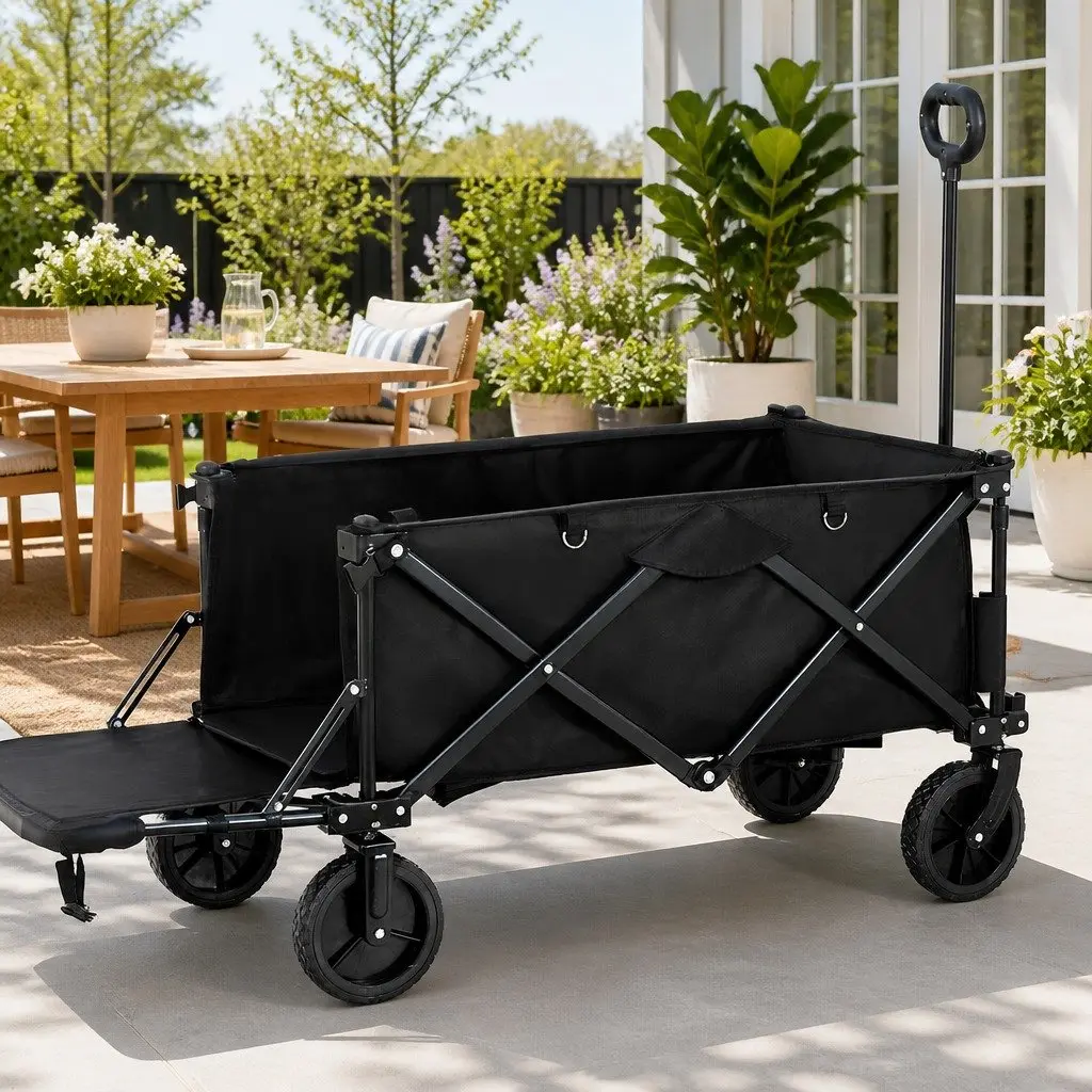 Folding Garden Trolley Cart Black Steel Frame 360° Rotating Front Wheels Adjustable Handle Rear Opening