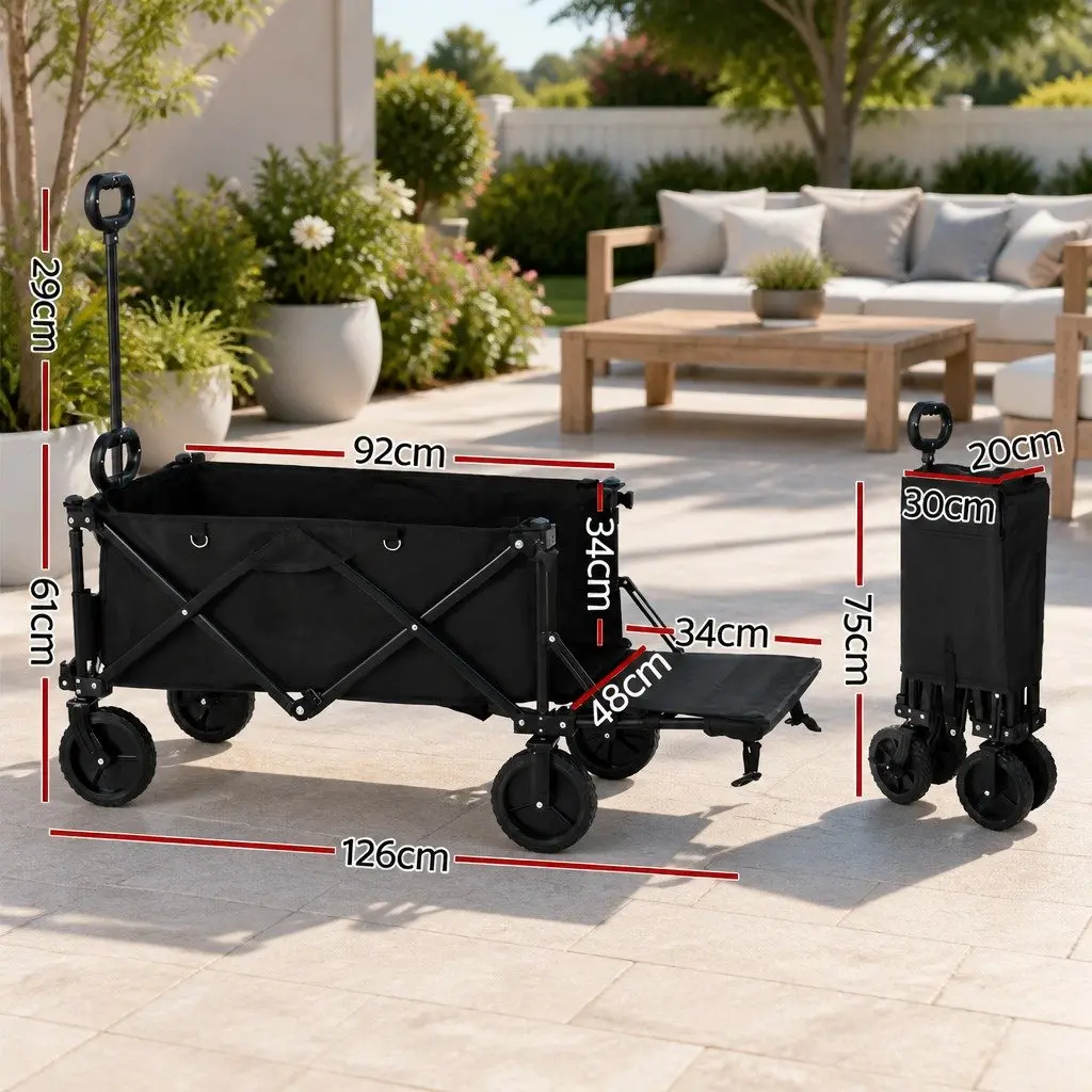 Folding Garden Trolley Cart Black Steel Frame 360° Rotating Front Wheels Adjustable Handle Rear Opening