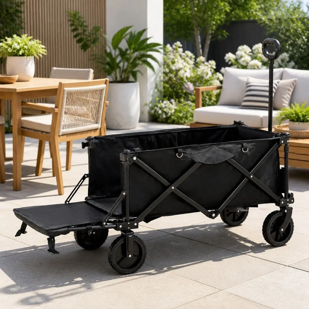 Folding Garden Trolley Cart Black Steel Frame 360° Rotating Front Wheels Adjustable Handle Rear Opening