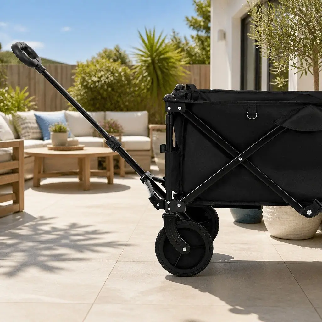 Folding Garden Trolley Cart Black Steel Frame 360° Rotating Front Wheels Adjustable Handle Rear Opening