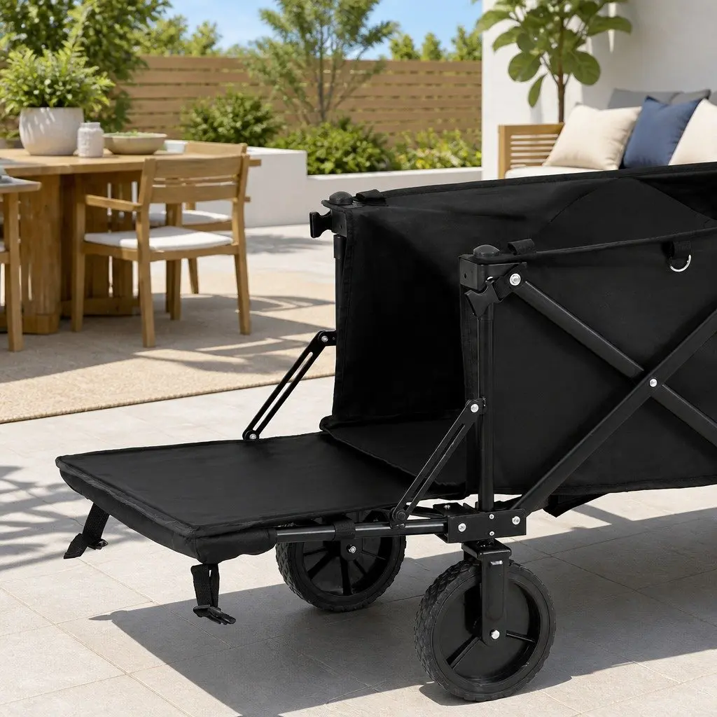 Folding Garden Trolley Cart Black Steel Frame 360° Rotating Front Wheels Adjustable Handle Rear Opening