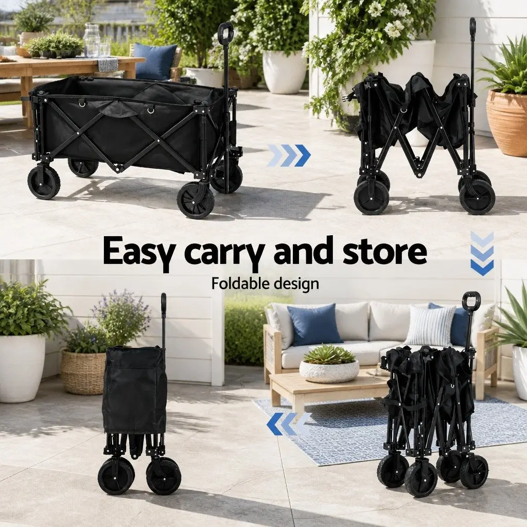 Folding Garden Trolley Cart Black Steel Frame 360° Rotating Front Wheels Adjustable Handle Rear Opening
