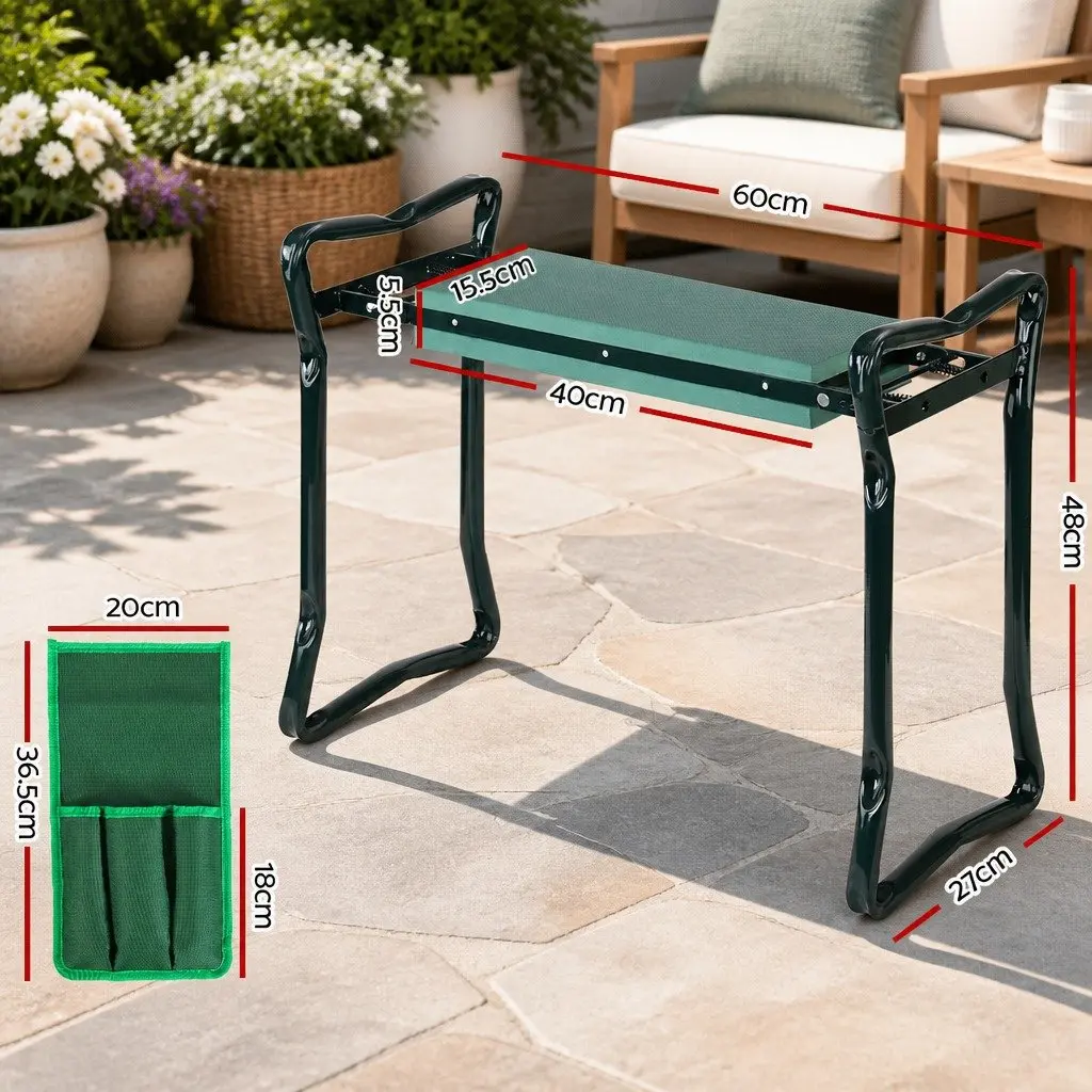 Garden Kneeler Green Foldable 3-in-1 Padded Seat Stool with Detachable Storage Pouches