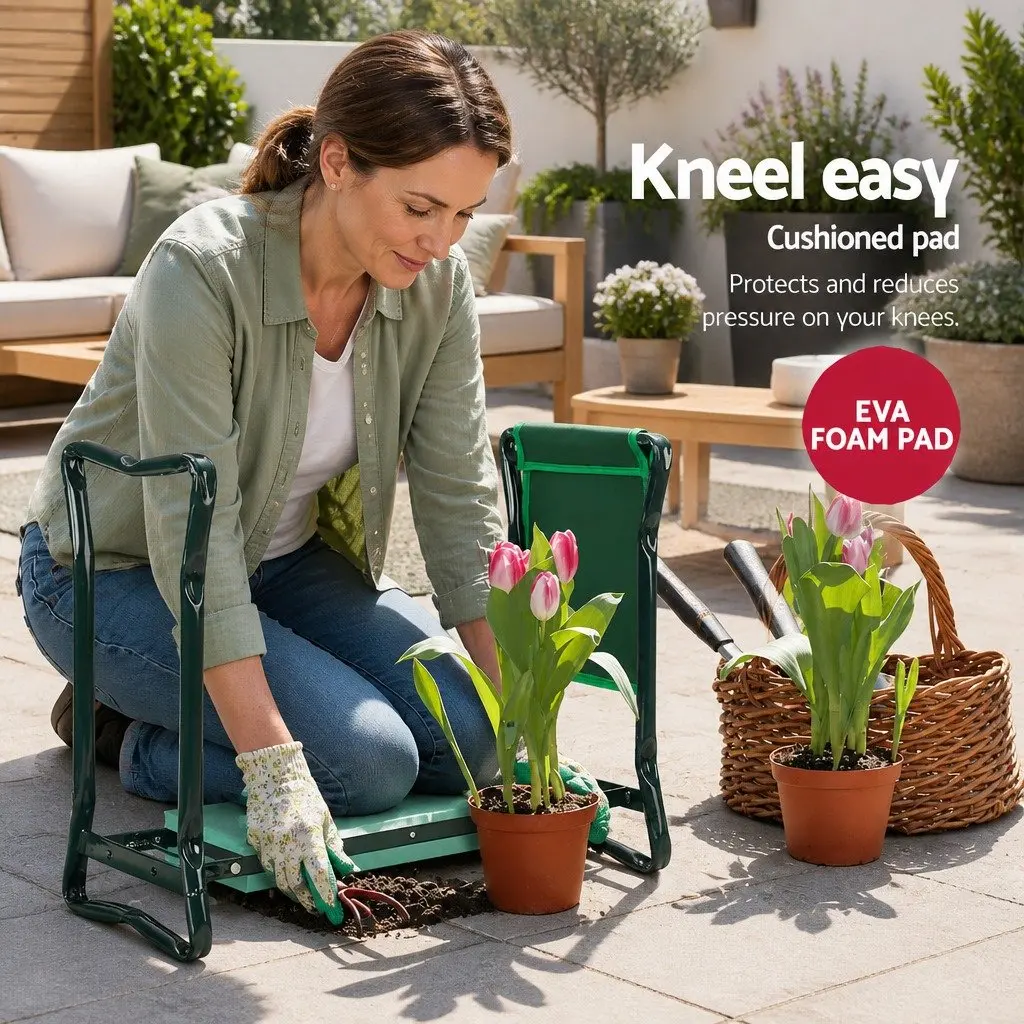 Garden Kneeler Green Foldable 3-in-1 Padded Seat Stool with Detachable Storage Pouches