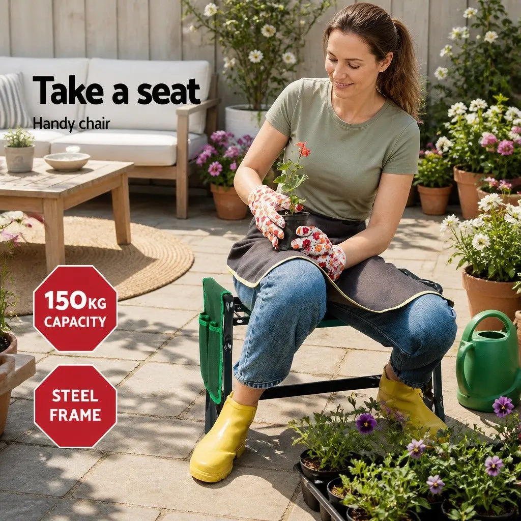 Garden Kneeler Green Foldable 3-in-1 Padded Seat Stool with Detachable Storage Pouches